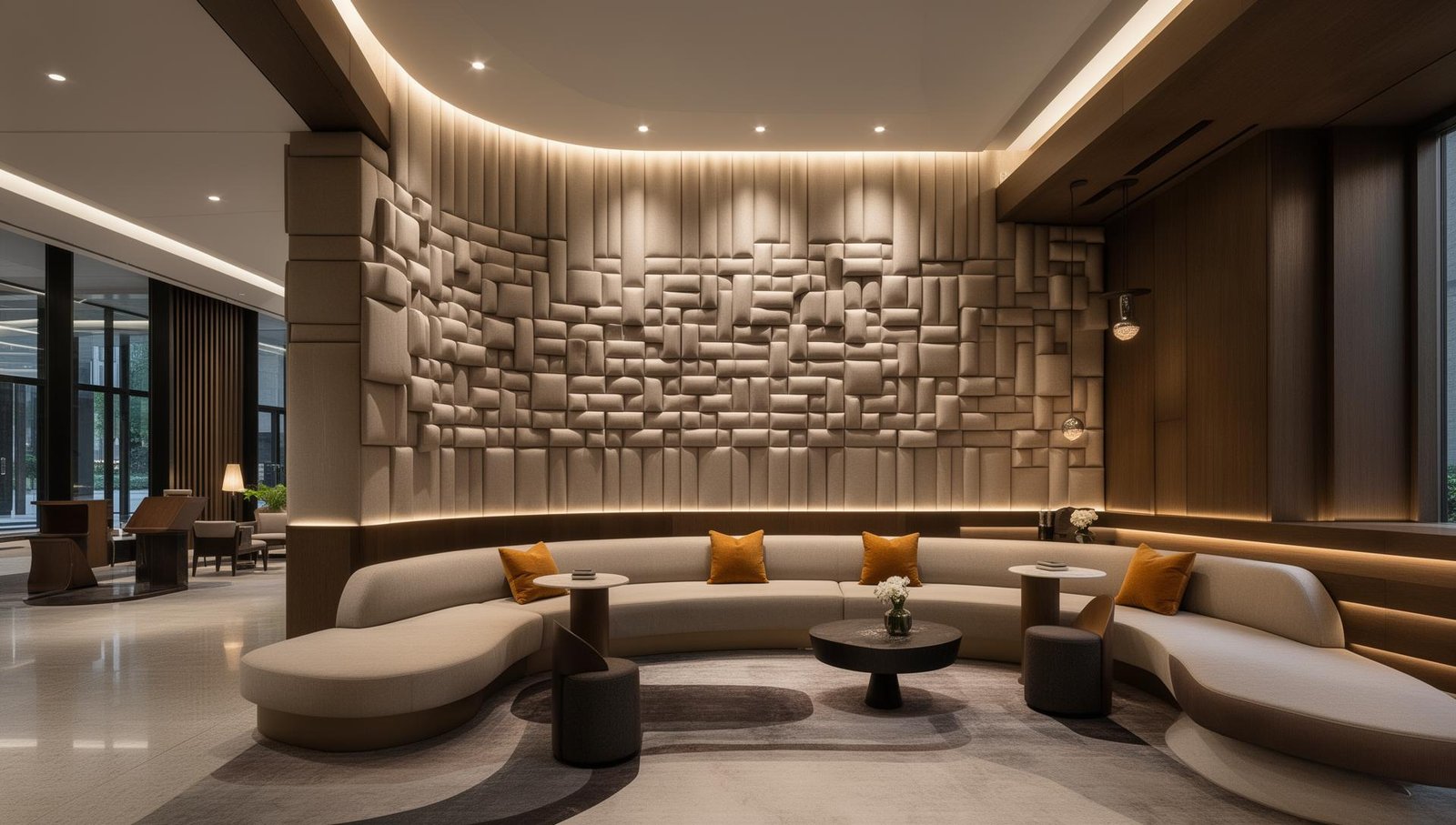 Custom commercial lounge with upholstered wall installation